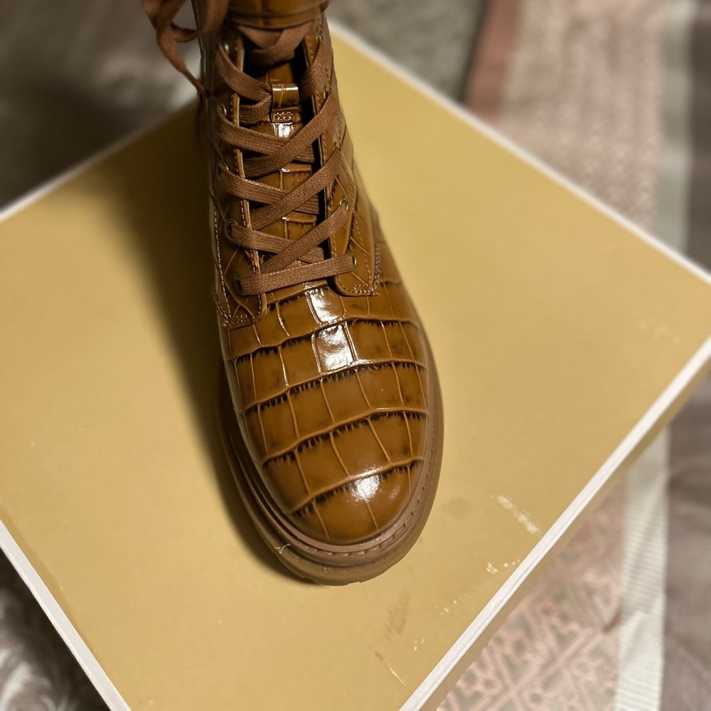 Michael Kors  patent leather crocodile combat   boots. Never worn still in box.
